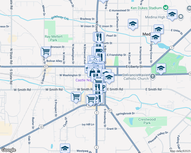 map of restaurants, bars, coffee shops, grocery stores, and more near 236 South Court Street in Medina