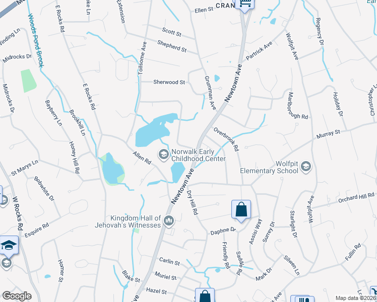 map of restaurants, bars, coffee shops, grocery stores, and more near 197 Newtown Avenue in Norwalk