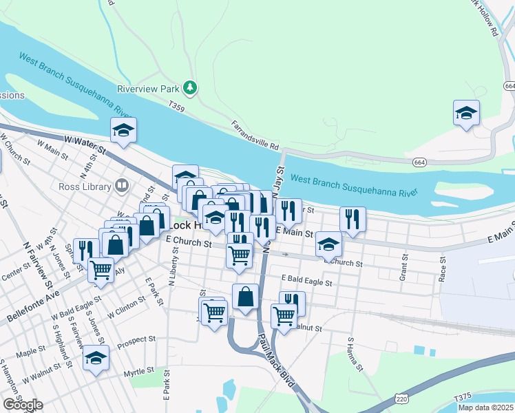 map of restaurants, bars, coffee shops, grocery stores, and more near 226 East Water Street in Lock Haven