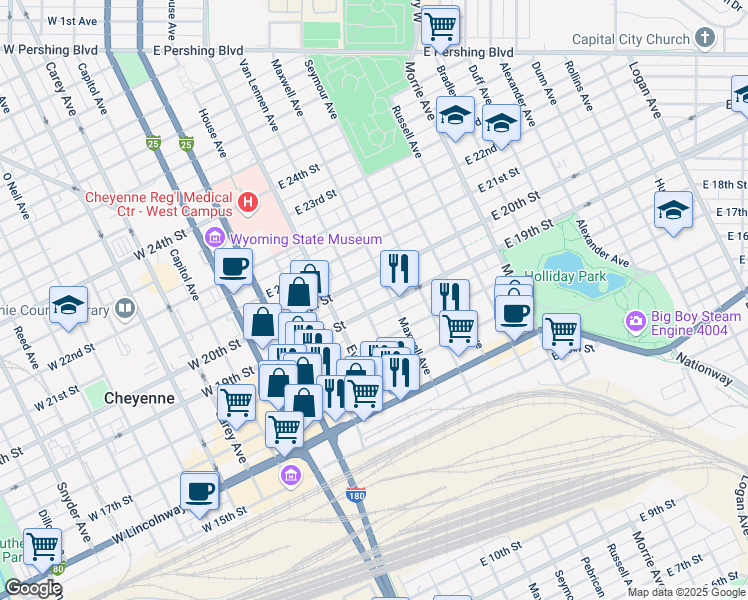 map of restaurants, bars, coffee shops, grocery stores, and more near 507 East 19th Street in Cheyenne