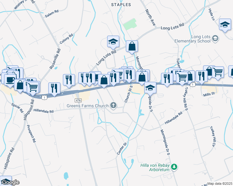 map of restaurants, bars, coffee shops, grocery stores, and more near 15 Colonial Road in Westport