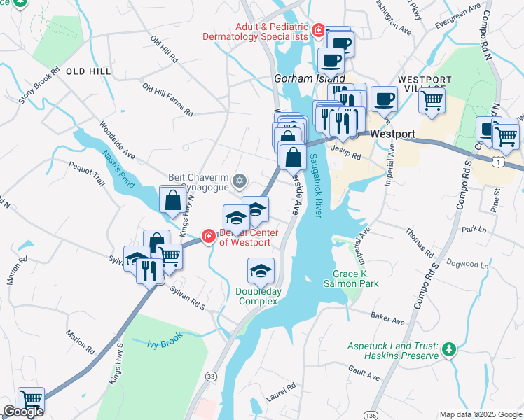map of restaurants, bars, coffee shops, grocery stores, and more near 8 Lincoln Street in Westport