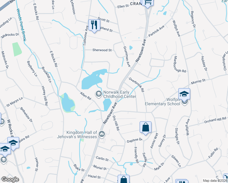 map of restaurants, bars, coffee shops, grocery stores, and more near 197 Newtown Avenue in Norwalk