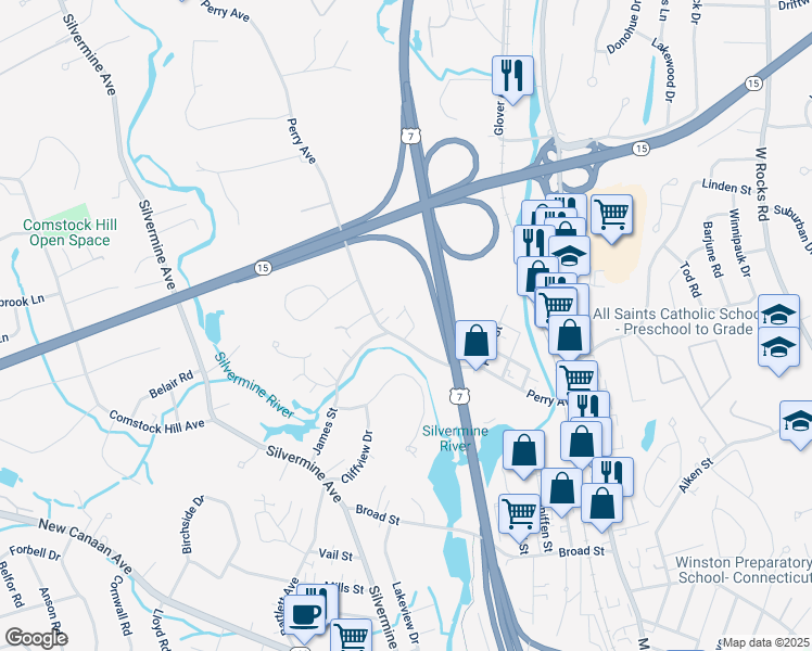 map of restaurants, bars, coffee shops, grocery stores, and more near 71 Perry Avenue in Norwalk