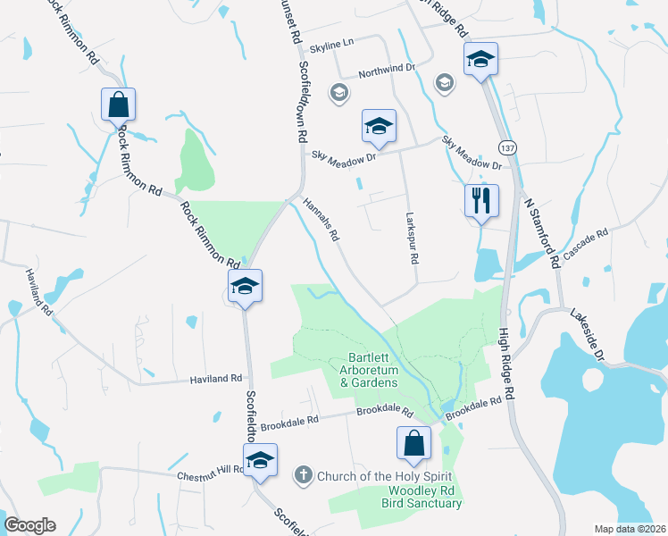 map of restaurants, bars, coffee shops, grocery stores, and more near 101 Hannahs Road in Stamford