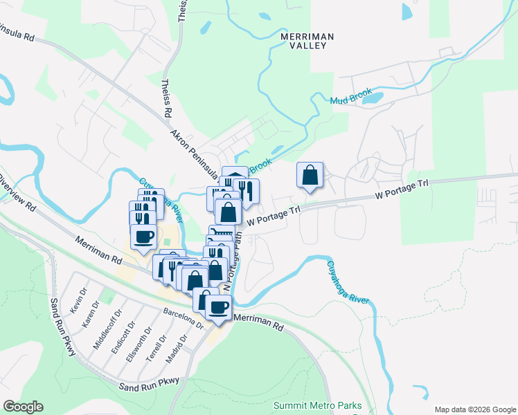 map of restaurants, bars, coffee shops, grocery stores, and more near 1177 Portage Trail Extension West in Akron