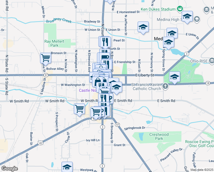 map of restaurants, bars, coffee shops, grocery stores, and more near 236 South Court Street in Medina