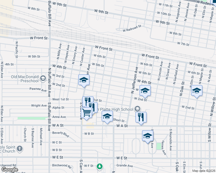 map of restaurants, bars, coffee shops, grocery stores, and more near 1721 North Sheridan Avenue in North Platte