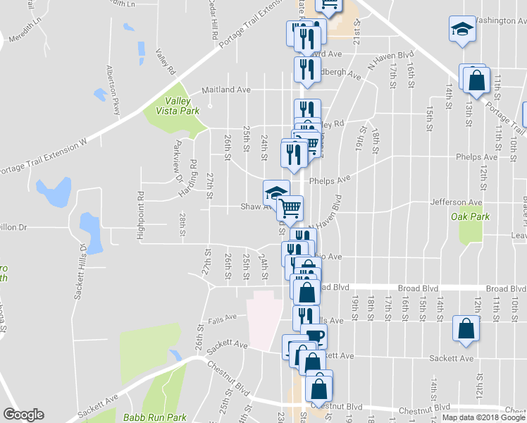 map of restaurants, bars, coffee shops, grocery stores, and more near 2400 Shaw Avenue in Cuyahoga Falls