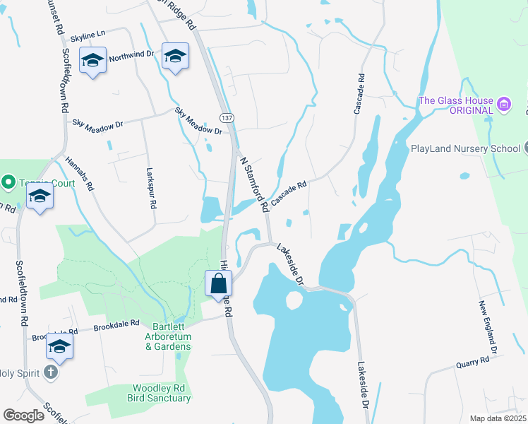 map of restaurants, bars, coffee shops, grocery stores, and more near 124 North Stamford Road in Stamford