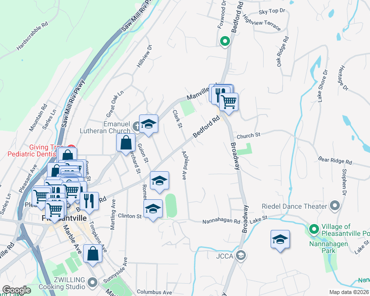 map of restaurants, bars, coffee shops, grocery stores, and more near 20 Ashland Avenue in Pleasantville