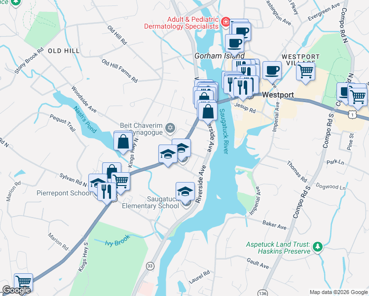 map of restaurants, bars, coffee shops, grocery stores, and more near 8 Lincoln Street in Westport