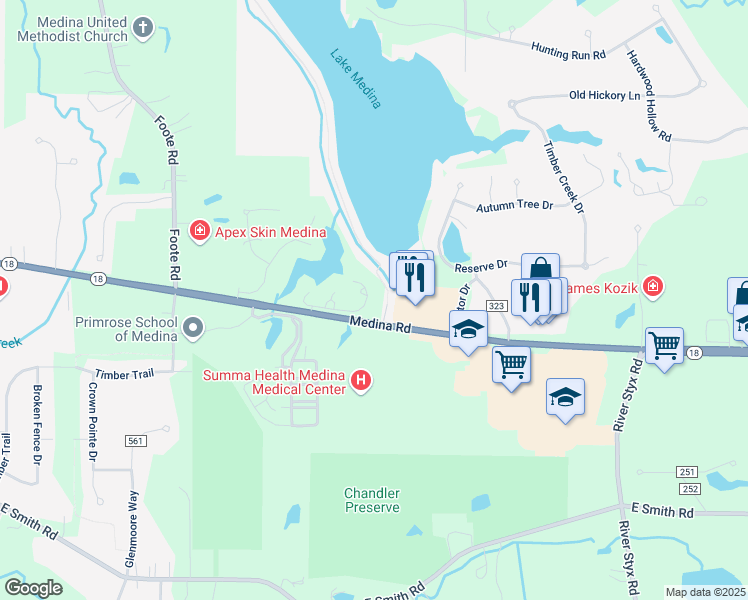 map of restaurants, bars, coffee shops, grocery stores, and more near 3772 Retreat Drive in Medina