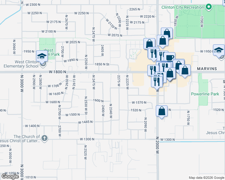 map of restaurants, bars, coffee shops, grocery stores, and more near 2329 West 1680 North in Clinton