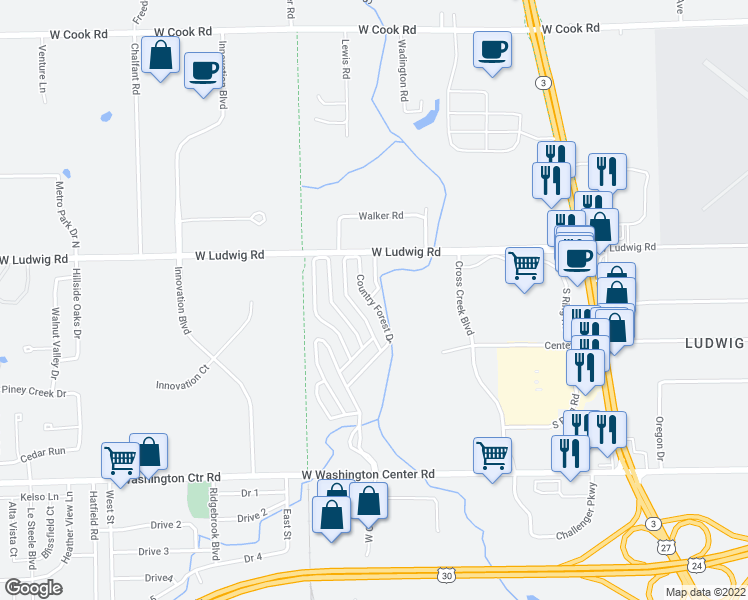 map of restaurants, bars, coffee shops, grocery stores, and more near 271 Country Forest Drive in Fort Wayne