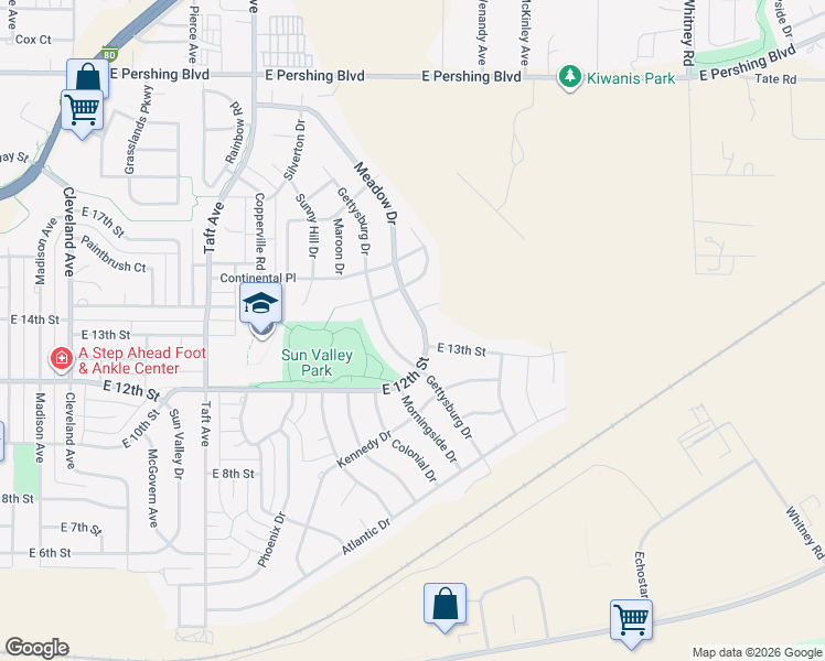 map of restaurants, bars, coffee shops, grocery stores, and more near 1323 Gettysburg Drive in Cheyenne