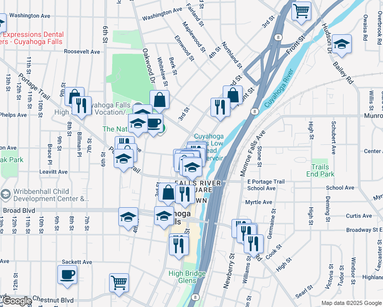 map of restaurants, bars, coffee shops, grocery stores, and more near 111 Stow Avenue in Cuyahoga Falls