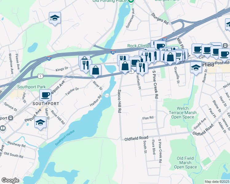 map of restaurants, bars, coffee shops, grocery stores, and more near 34 Harbor Road in Fairfield