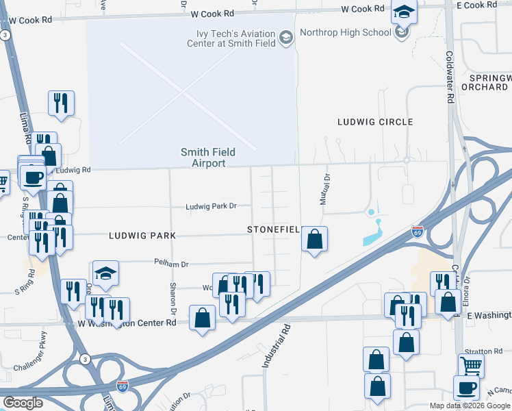 map of restaurants, bars, coffee shops, grocery stores, and more near 6301-6399 Rodenbeck Dr in Fort Wayne