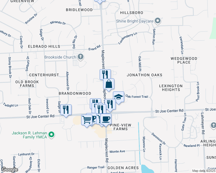 map of restaurants, bars, coffee shops, grocery stores, and more near 6218 Maplecrest Road in Fort Wayne