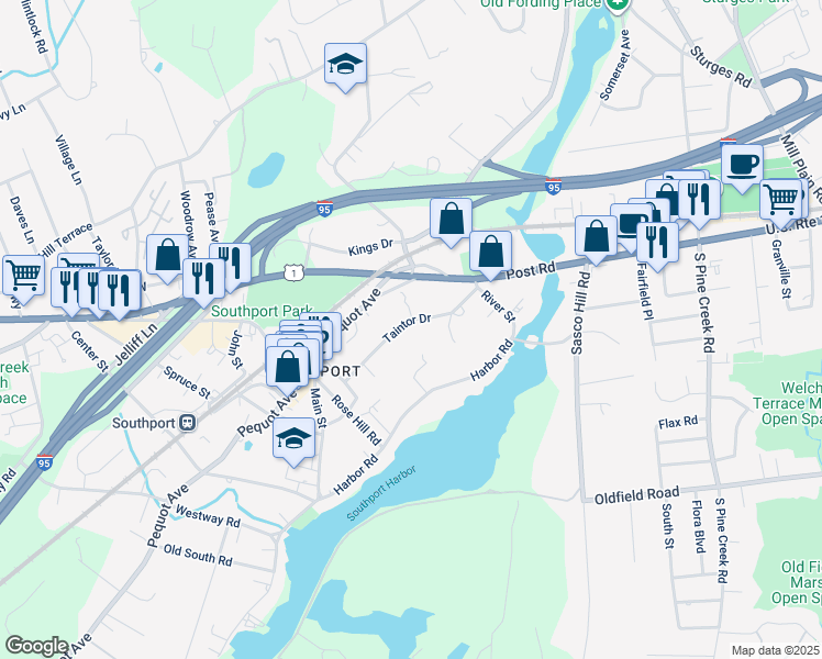 map of restaurants, bars, coffee shops, grocery stores, and more near 181 Taintor Drive in Fairfield