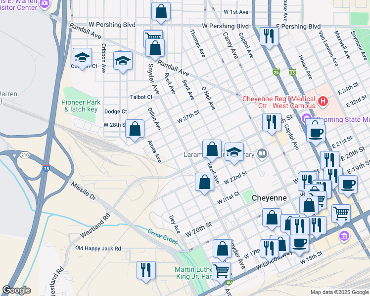 map of restaurants, bars, coffee shops, grocery stores, and more near 913 W 25th St in Cheyenne