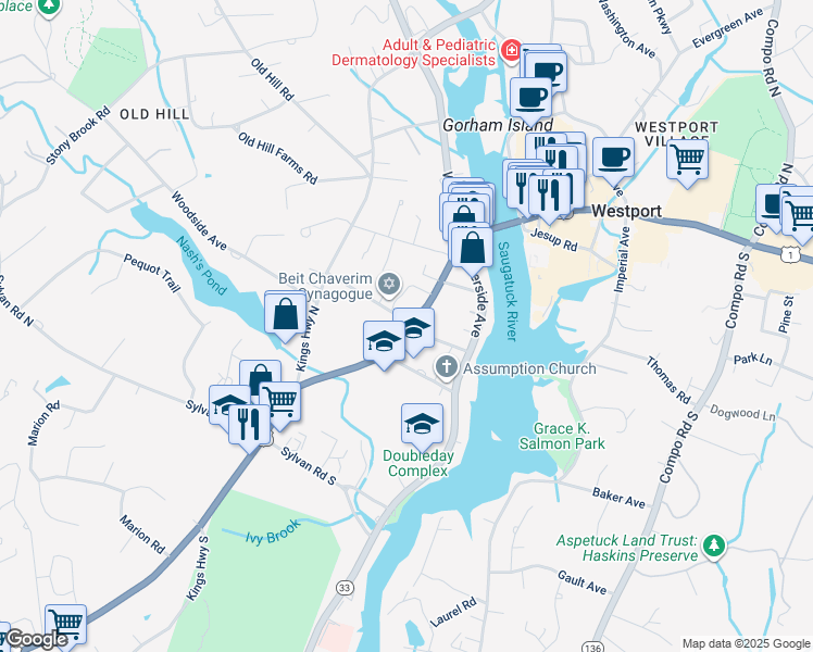 map of restaurants, bars, coffee shops, grocery stores, and more near 8 Lincoln Street in Westport