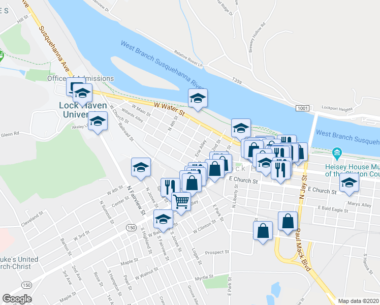 map of restaurants, bars, coffee shops, grocery stores, and more near 238 West Church Street in Lock Haven
