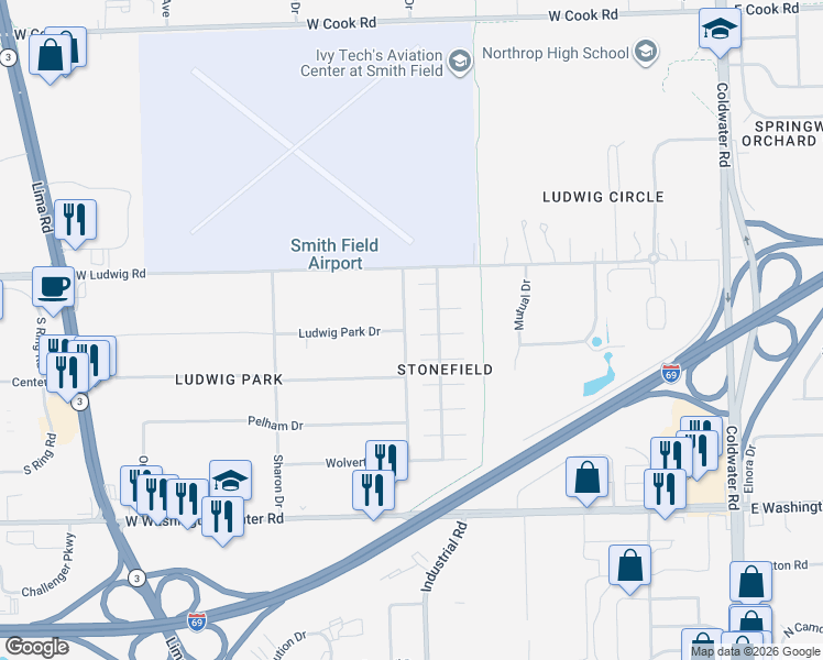 map of restaurants, bars, coffee shops, grocery stores, and more near 6301-6399 Rodenbeck Dr in Fort Wayne