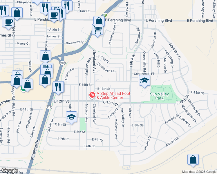 map of restaurants, bars, coffee shops, grocery stores, and more near 4608 East 13th Street in Cheyenne