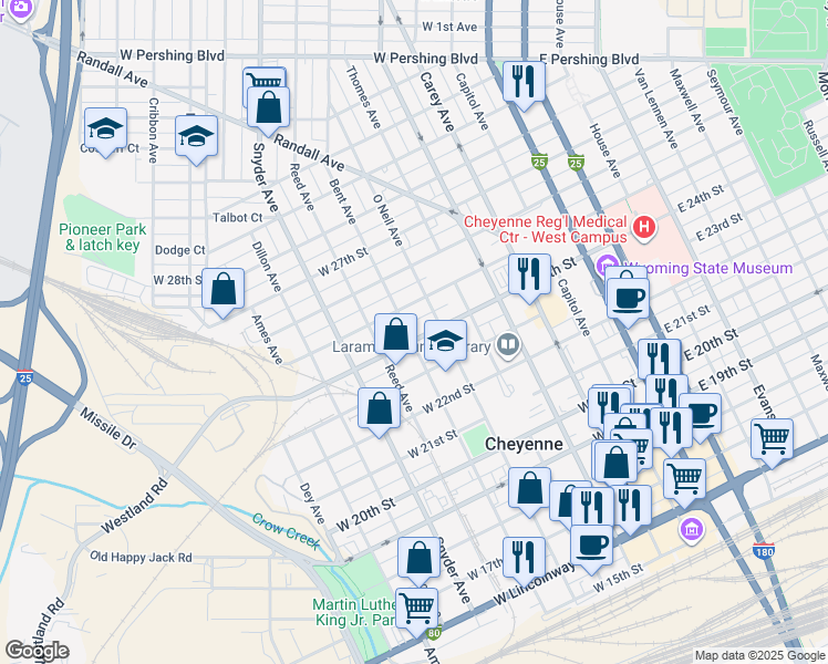 map of restaurants, bars, coffee shops, grocery stores, and more near 622 West 24th Street in Cheyenne