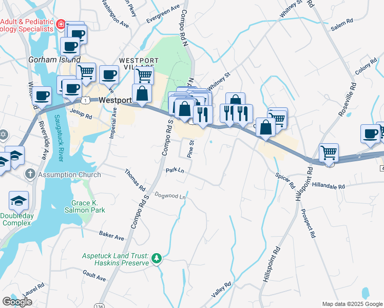 map of restaurants, bars, coffee shops, grocery stores, and more near 4 Sky Top Road in Westport