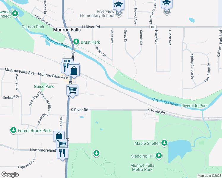 map of restaurants, bars, coffee shops, grocery stores, and more near 132 Castle Drive in Munroe Falls