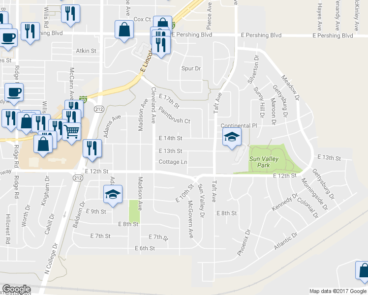 map of restaurants, bars, coffee shops, grocery stores, and more near 4702 East 13th Street in Cheyenne