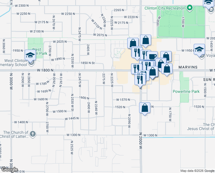 map of restaurants, bars, coffee shops, grocery stores, and more near 2249 West 1680 North in Clinton