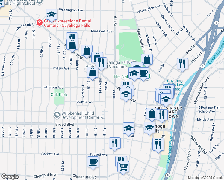 map of restaurants, bars, coffee shops, grocery stores, and more near 2300 6th Street in Cuyahoga Falls