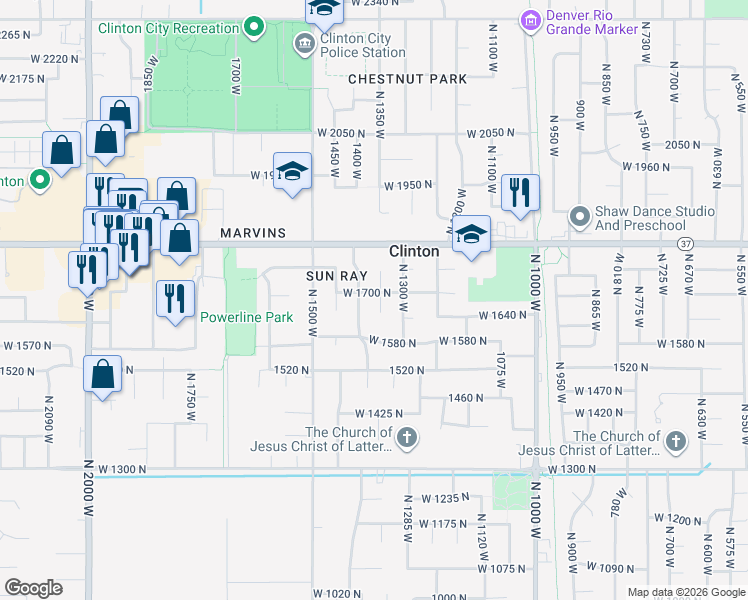 map of restaurants, bars, coffee shops, grocery stores, and more near 1633 North 1300 West in Clinton