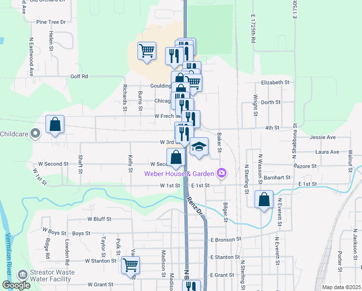 map of restaurants, bars, coffee shops, grocery stores, and more near 1568 North Bloomington Street in Streator