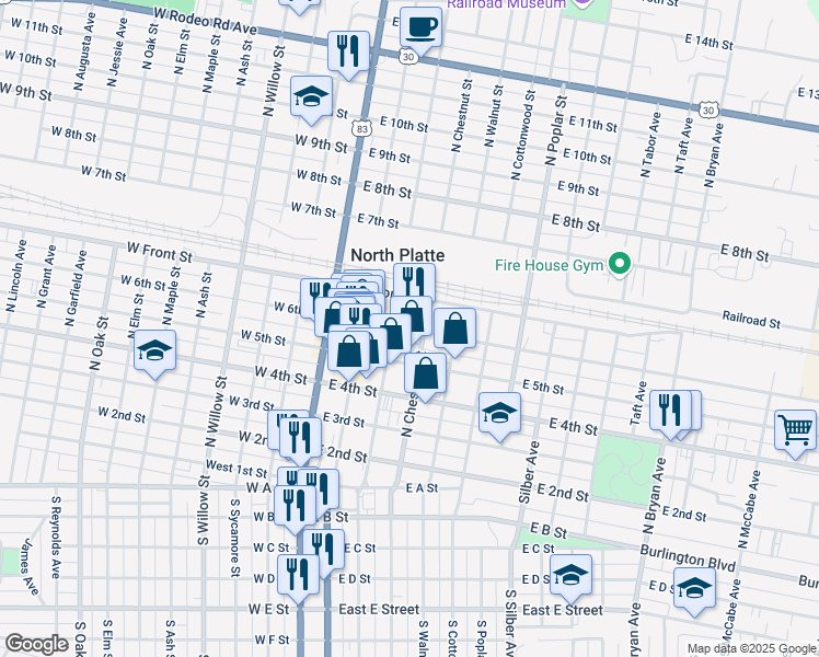 map of restaurants, bars, coffee shops, grocery stores, and more near 500-548 N Chestnut St in North Platte