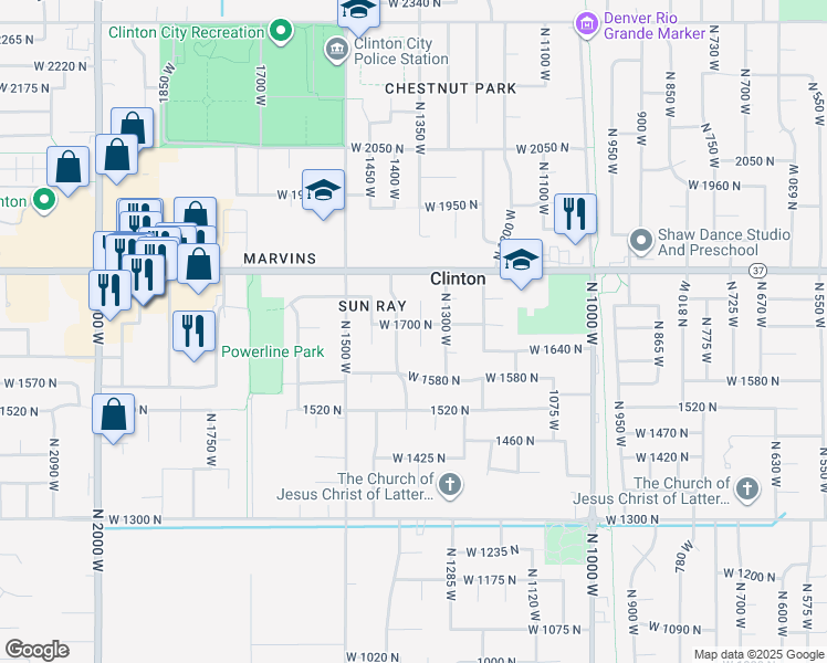 map of restaurants, bars, coffee shops, grocery stores, and more near 1633 North 1300 West in Clinton