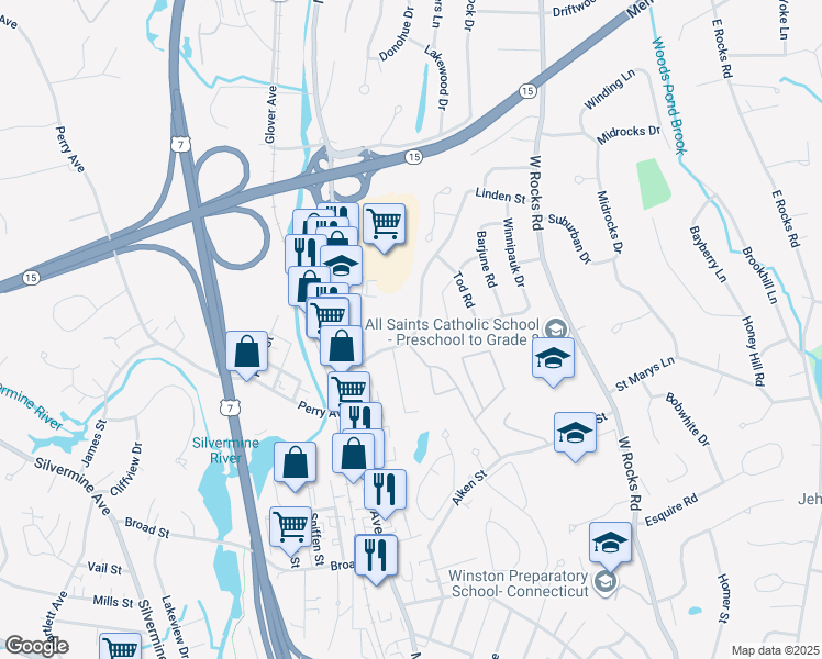 map of restaurants, bars, coffee shops, grocery stores, and more near 18 Linden Street in Norwalk