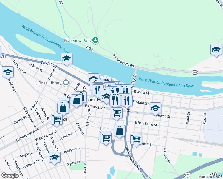 map of restaurants, bars, coffee shops, grocery stores, and more near 121 East Main Street in Lock Haven