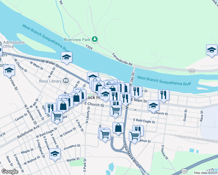 map of restaurants, bars, coffee shops, grocery stores, and more near 121 East Main Street in Lock Haven