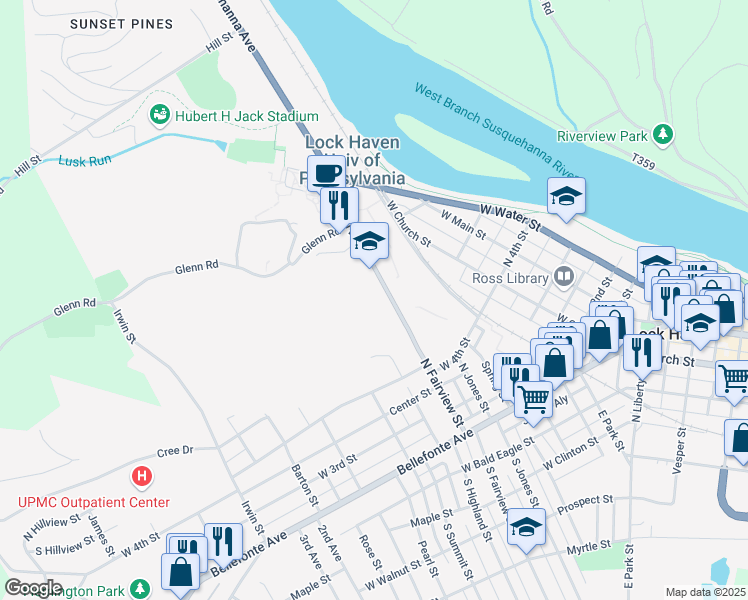 map of restaurants, bars, coffee shops, grocery stores, and more near 205 North Fairview Street in Lock Haven