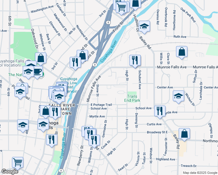map of restaurants, bars, coffee shops, grocery stores, and more near 449 Jackson Street in Cuyahoga Falls