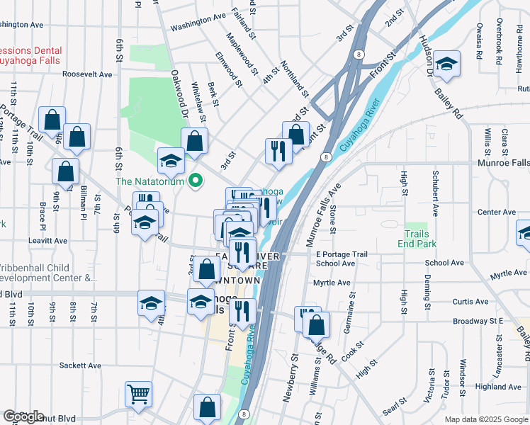 map of restaurants, bars, coffee shops, grocery stores, and more near 2310 Riverfront Parkway in Cuyahoga Falls