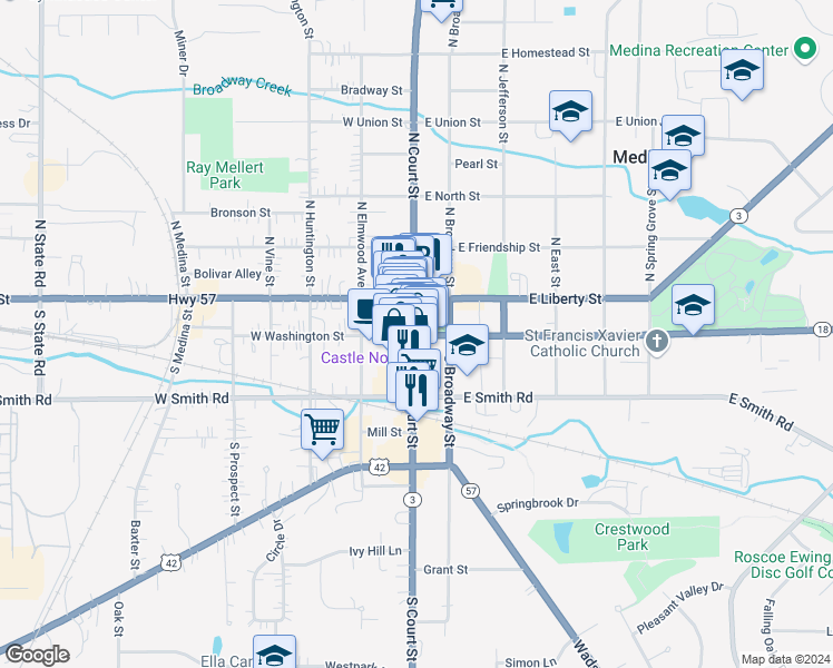map of restaurants, bars, coffee shops, grocery stores, and more near 236 South Court Street in Medina