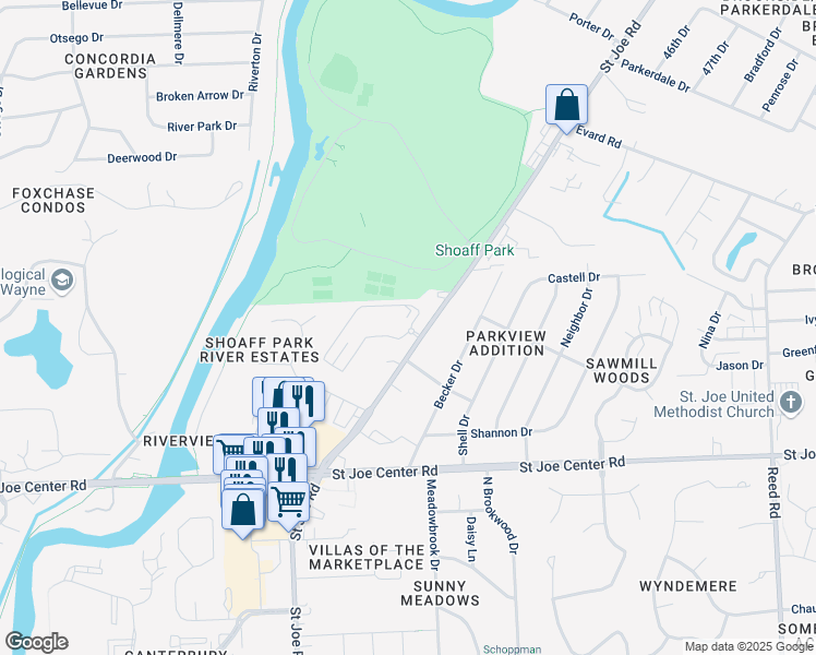 map of restaurants, bars, coffee shops, grocery stores, and more near 6221 Saint Joe Road in Fort Wayne