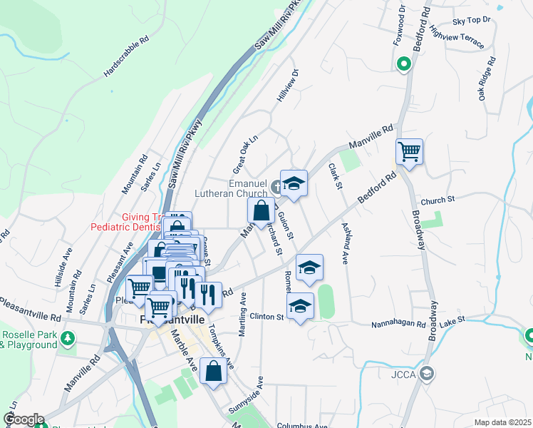 map of restaurants, bars, coffee shops, grocery stores, and more near 99 Orchard Street in Pleasantville