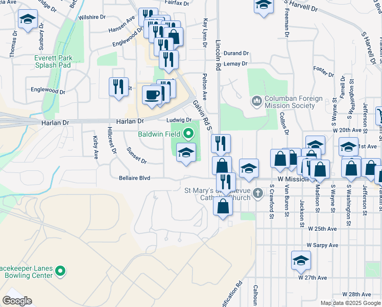 map of restaurants, bars, coffee shops, grocery stores, and more near 1301 Ludwig Drive in Bellevue